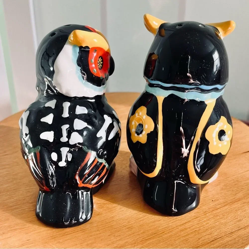 Sugar Skull Skeleton Owl Salt and Pepper Shakers Halloween Day of the Dead